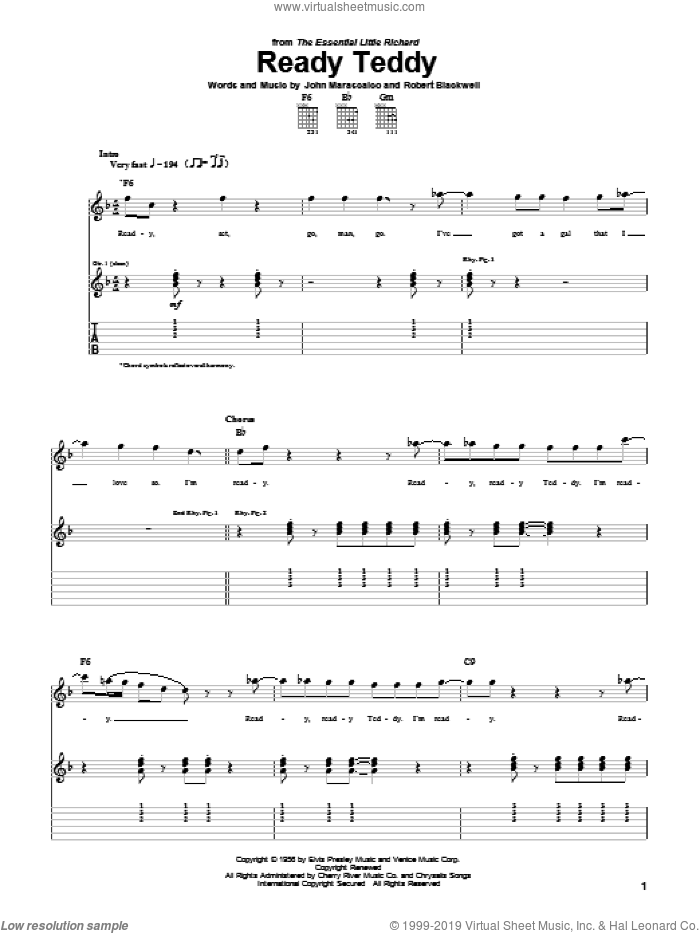 Ready Teddy sheet music for guitar (tablature) by Elvis Presley, Little Richard, John Marascalo and Robert Blackwell, intermediate skill level