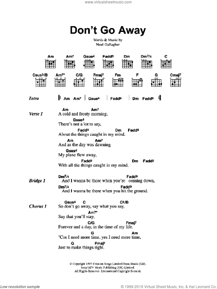 Don't Go Away sheet music for guitar (chords) by Oasis and Noel Gallagher, intermediate skill level