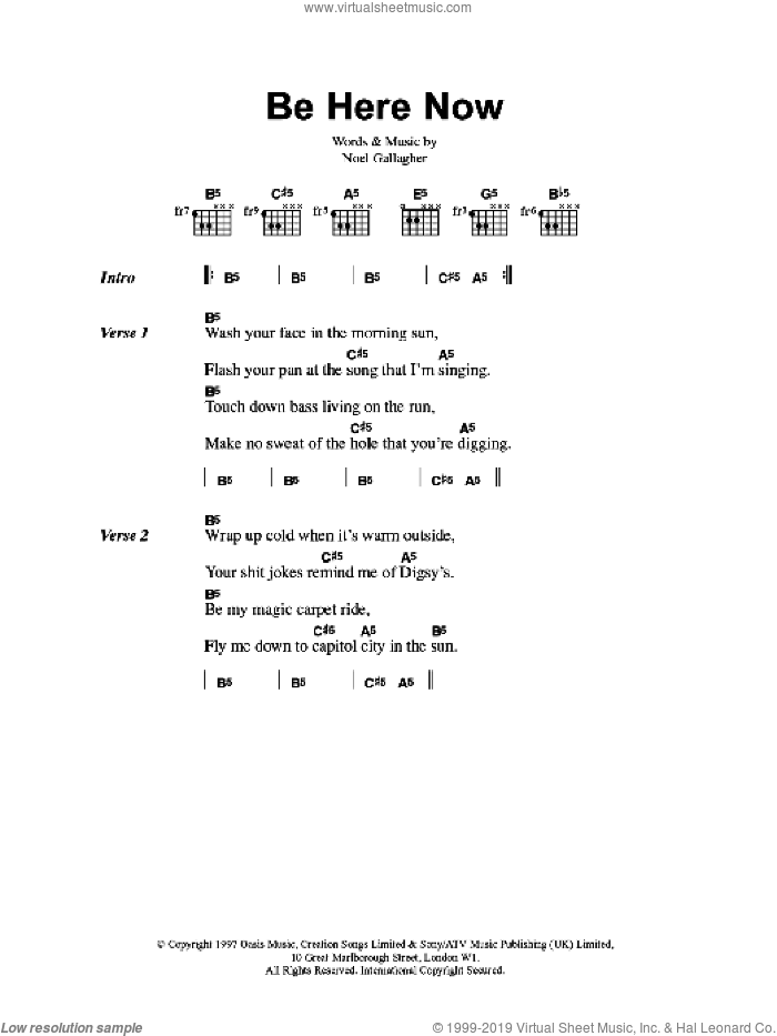Be Here Now sheet music for guitar (chords) by Oasis and Noel Gallagher, intermediate skill level