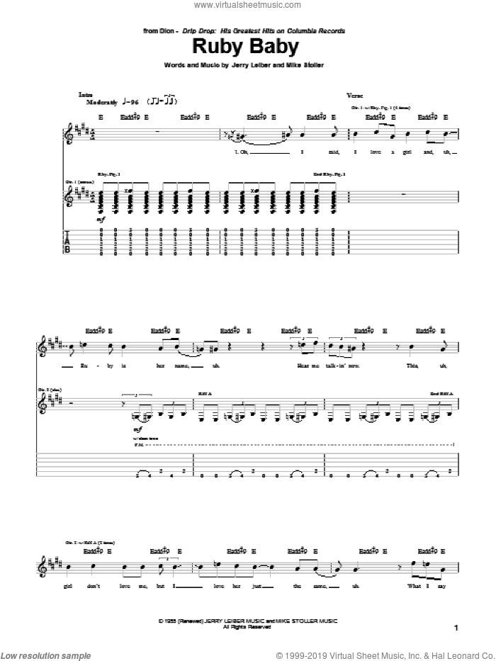 Ruby Baby sheet music for guitar (tablature) by Dion, Leiber & Stoller, The Drifters, Jerry Leiber and Mike Stoller, intermediate skill level