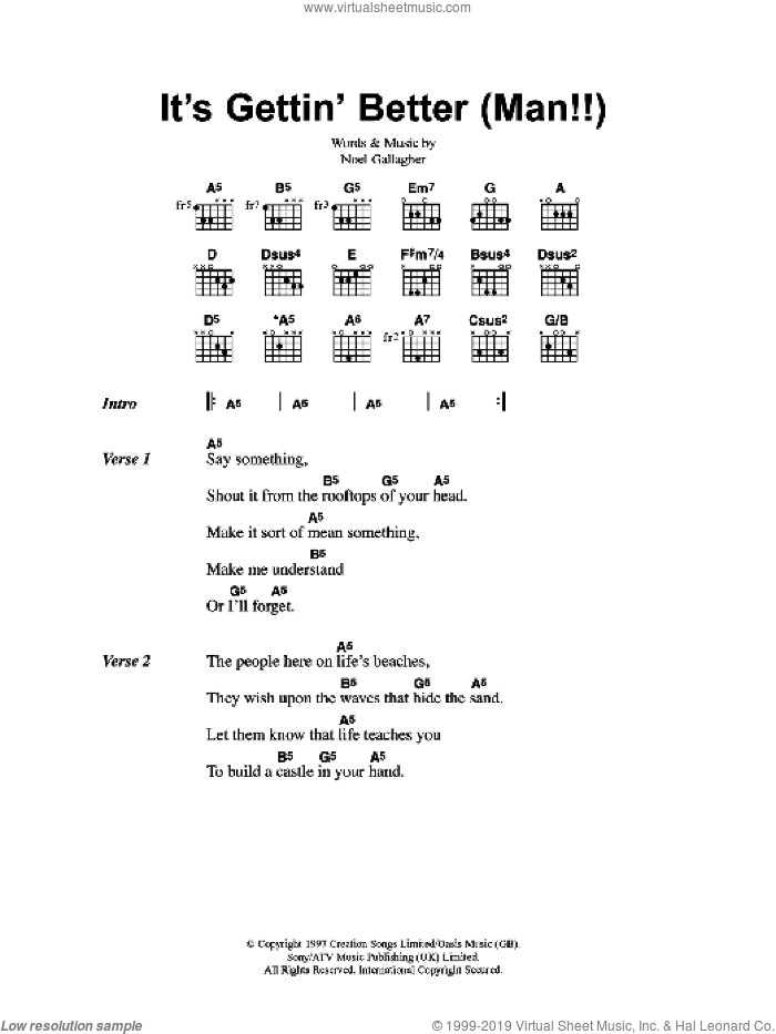 It's Gettin' Better (Man!!) sheet music for guitar (chords) by Oasis and Noel Gallagher, intermediate skill level