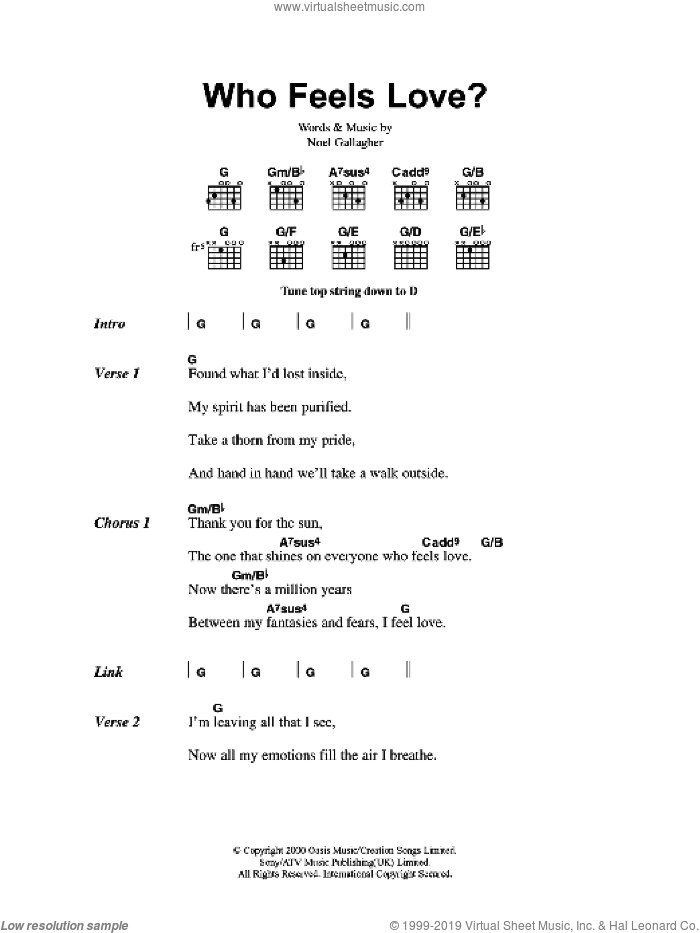 Who Feels Love? sheet music for guitar (chords) by Oasis and Noel Gallagher, intermediate skill level