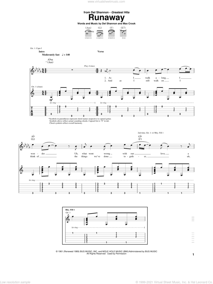 Runaway sheet music for guitar (tablature) by Del Shannon and Max Crook, intermediate skill level