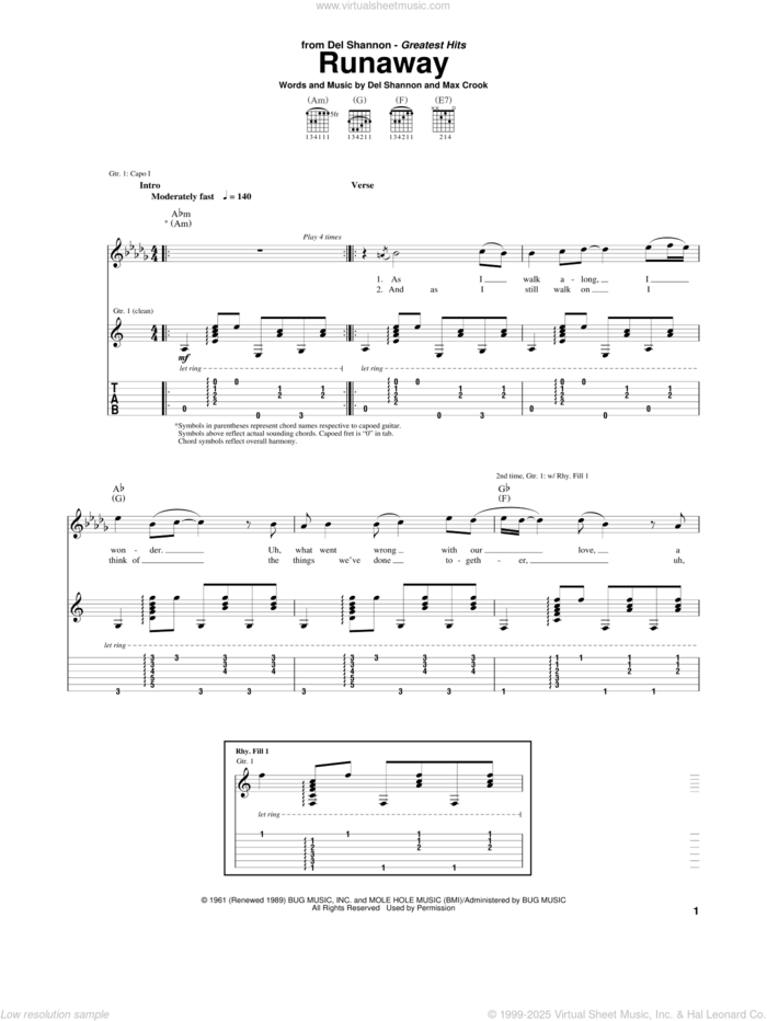 Runaway sheet music for guitar (tablature) by Del Shannon and Max Crook, intermediate skill level