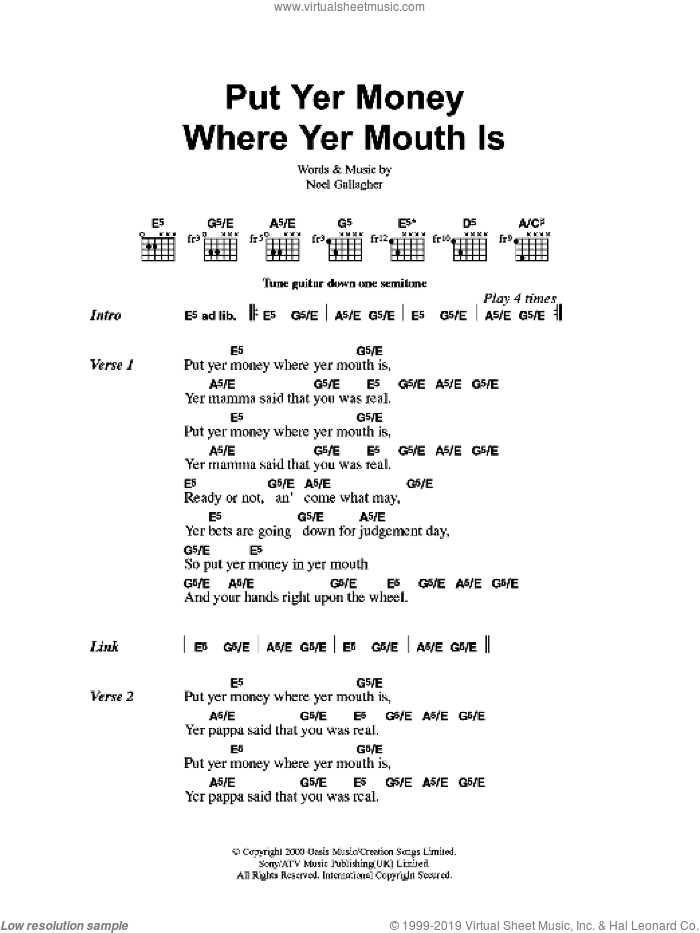 Put Yer Money Where Yer Mouth Is sheet music for guitar (chords) by Oasis and Noel Gallagher, intermediate skill level