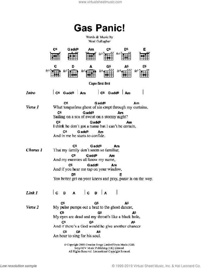 Gas Panic! sheet music for guitar (chords) by Oasis and Noel Gallagher, intermediate skill level