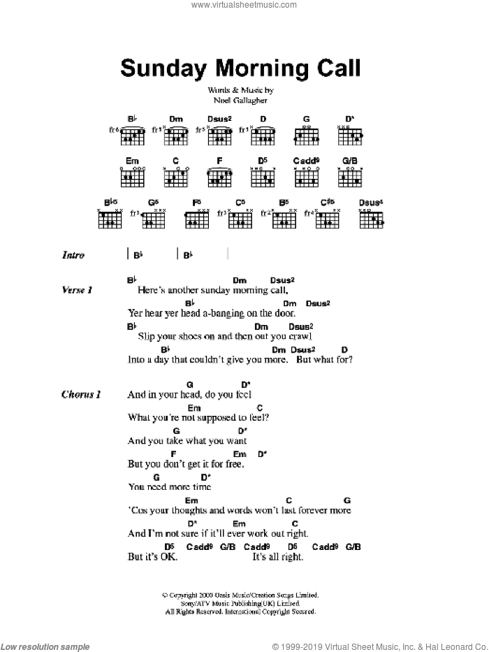 Sunday Morning Call sheet music for guitar (chords) by Oasis and Noel Gallagher, intermediate skill level