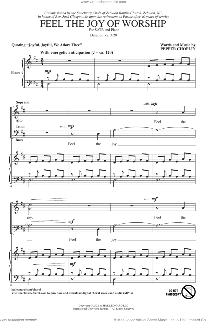 Feel The Joy Of Worship sheet music for choir (SATB: soprano, alto, tenor, bass) by Pepper Choplin, intermediate skill level