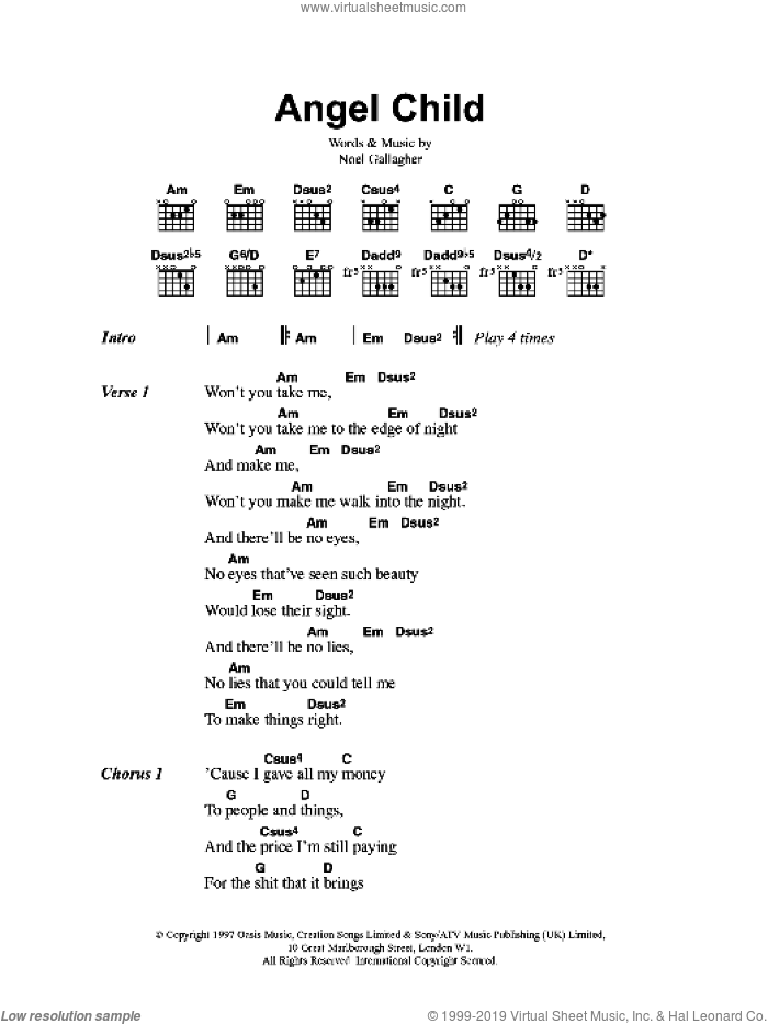 Angel Child sheet music for guitar (chords) by Oasis and Noel Gallagher, intermediate skill level