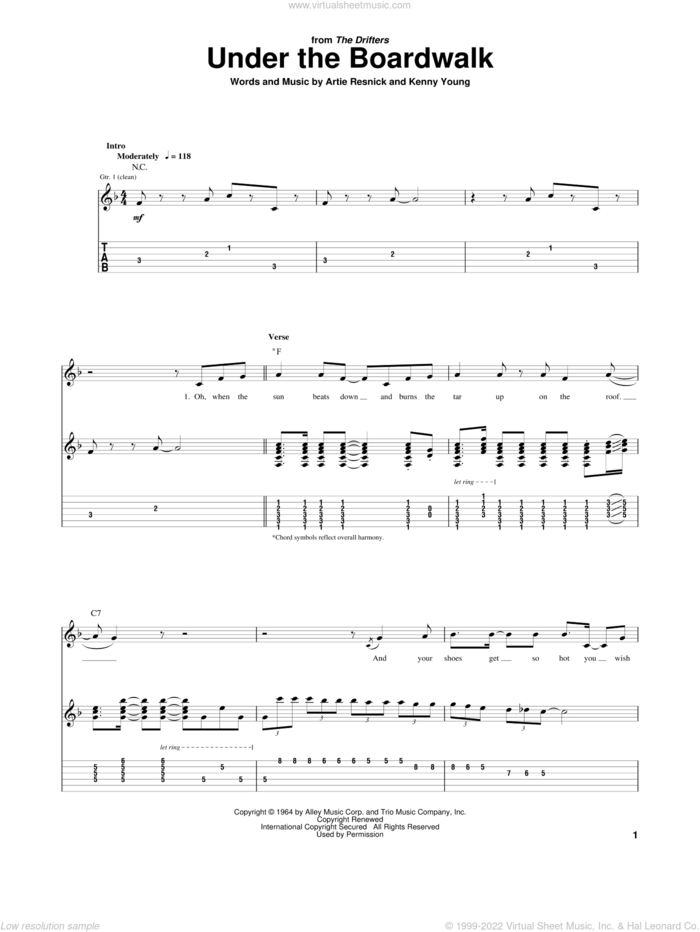 Under The Boardwalk sheet music for guitar (tablature) by The Drifters, Bette Midler, Artie Resnick and Kenny Young, intermediate skill level
