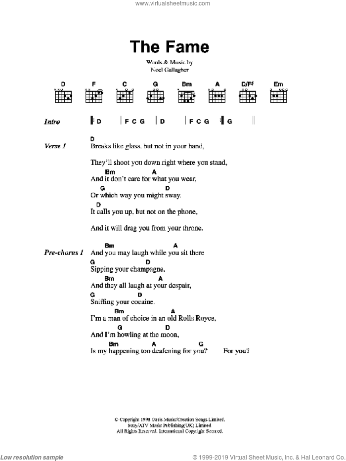The Fame sheet music for guitar (chords) by Oasis and Noel Gallagher, intermediate skill level