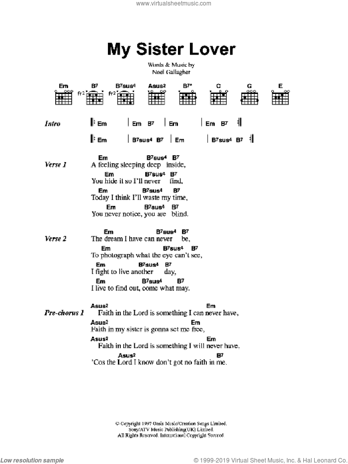 My Sister Lover sheet music for guitar (chords) by Oasis and Noel Gallagher, intermediate skill level