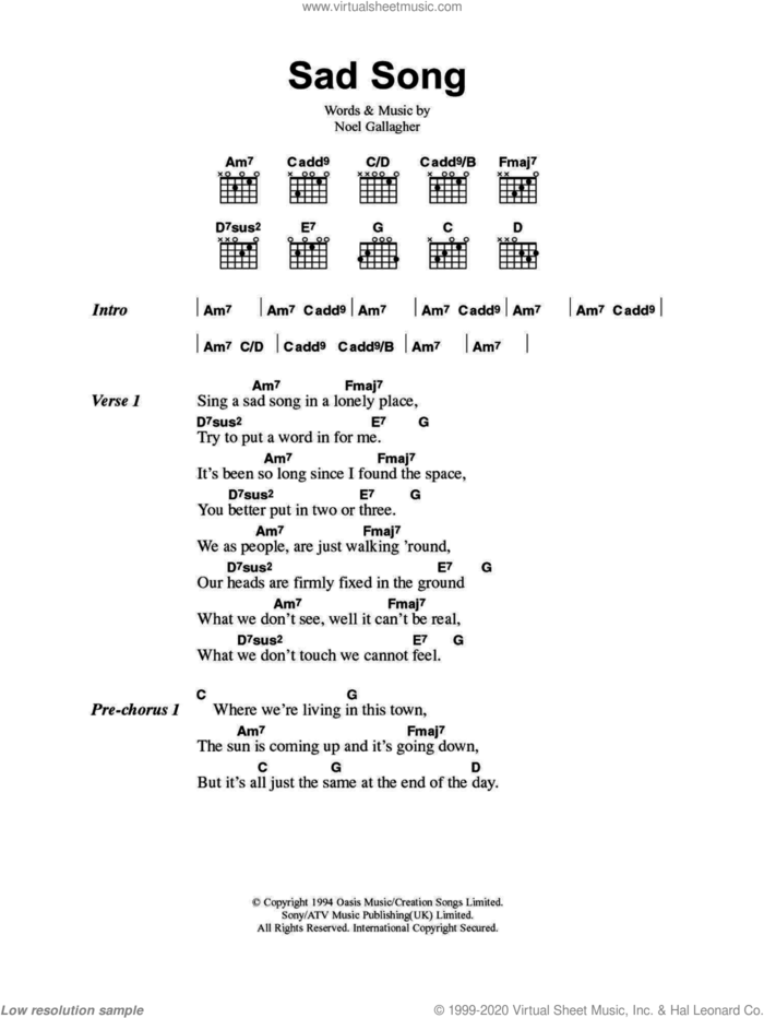 Sad Song sheet music for guitar (chords) by Oasis and Noel Gallagher, intermediate skill level
