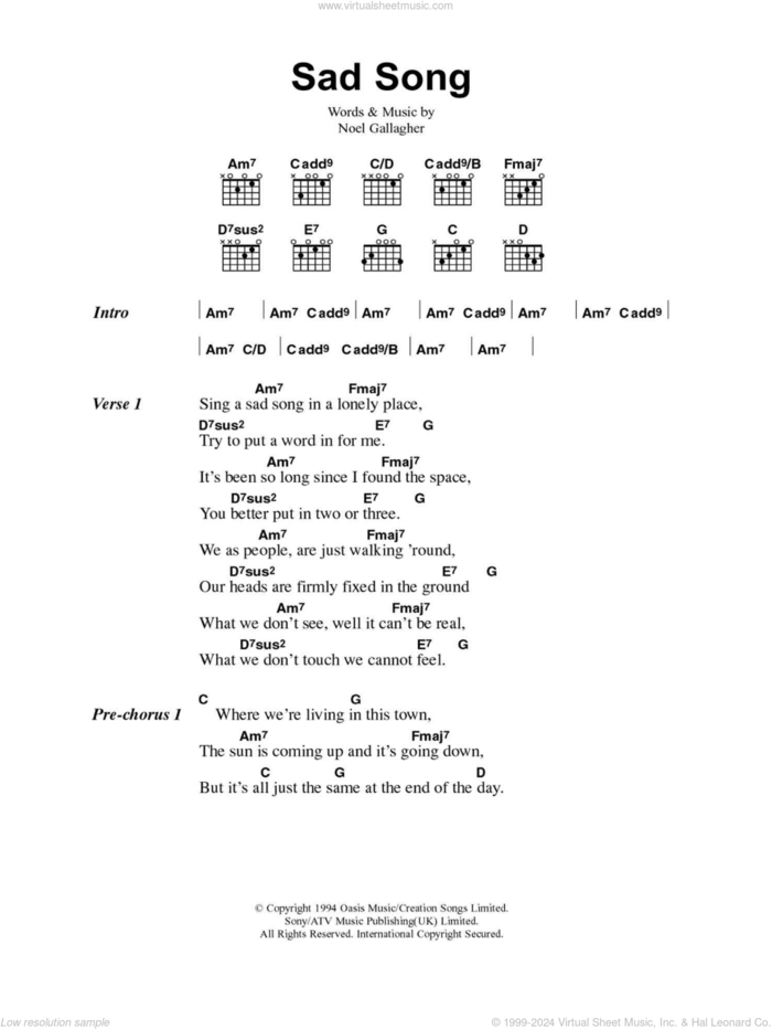 Sad Song sheet music for guitar (chords) by Oasis and Noel Gallagher, intermediate skill level