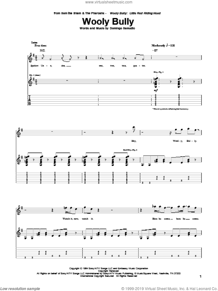 Wooly Bully sheet music for guitar (tablature) by Sam The Sham & The Pharaohs, Bad Manners and Domingo Samudio, intermediate skill level