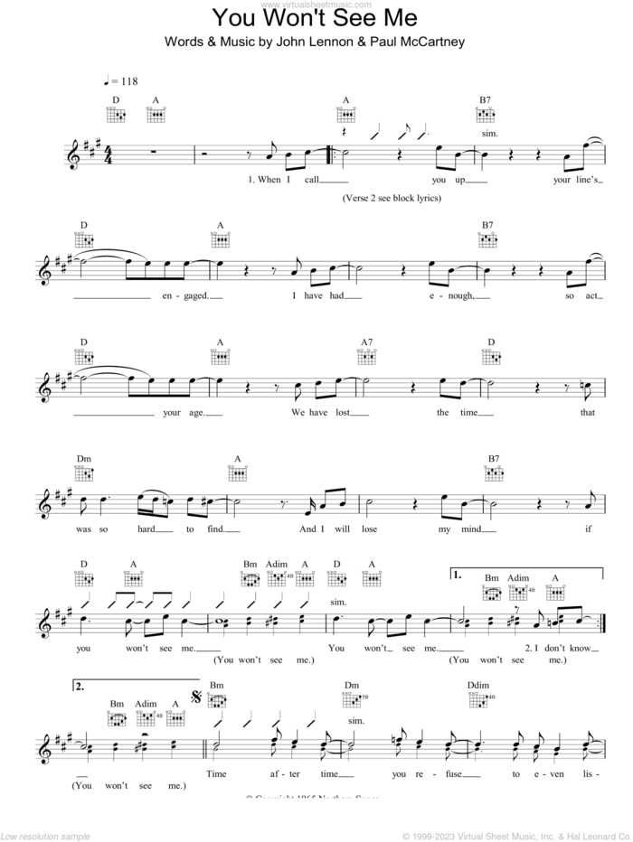 You Won't See Me sheet music for voice and other instruments (fake book) by The Beatles, John Lennon and Paul McCartney, intermediate skill level