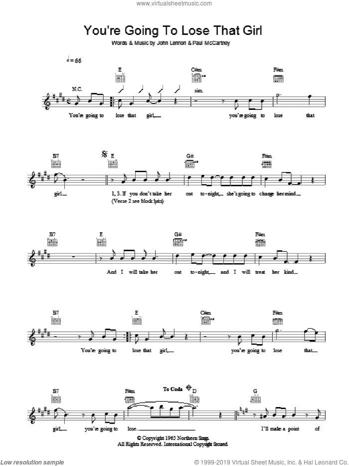 You're Going To Lose That Girl sheet music for voice and other instruments (fake book) by The Beatles, John Lennon and Paul McCartney, intermediate skill level