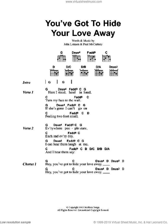 You've Got To Hide Your Love Away sheet music for guitar (chords) by Oasis, The Beatles, Barry Mann, Cynthia Weil, John Lennon, Paul McCartney and Phil Spector, intermediate skill level