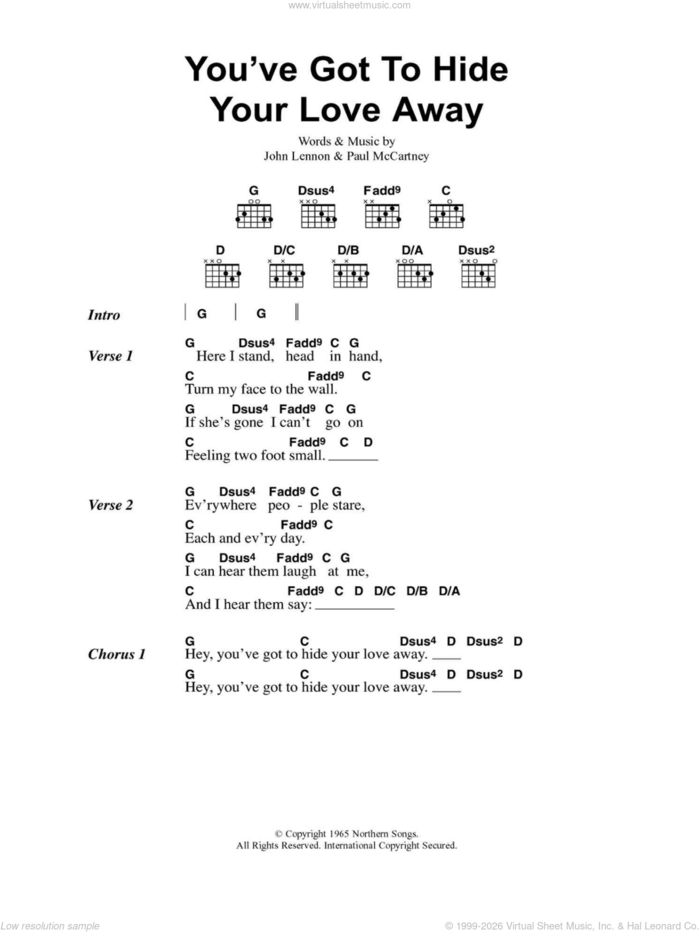You've Got To Hide Your Love Away sheet music for guitar (chords) by Oasis, The Beatles, Barry Mann, Cynthia Weil, John Lennon, Paul McCartney and Phil Spector, intermediate skill level