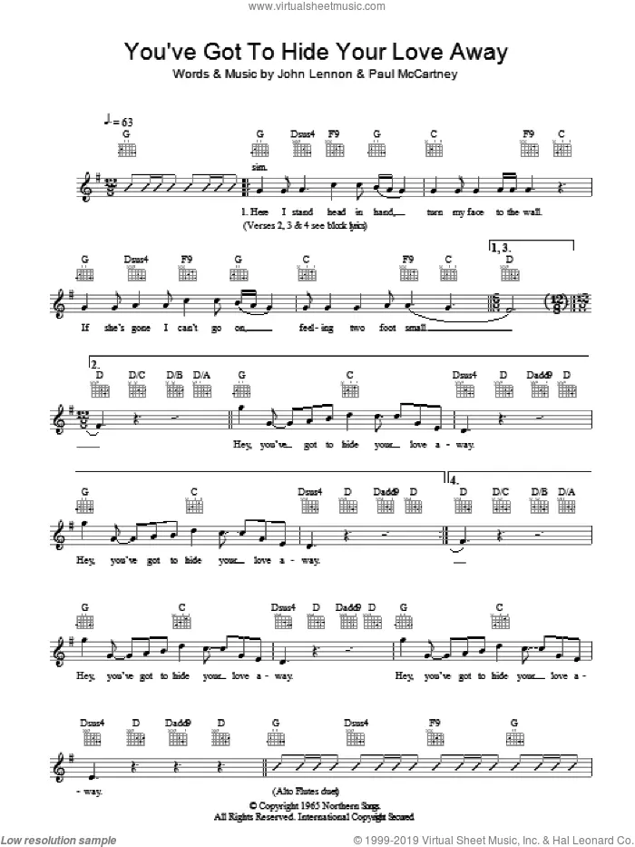 You've Got To Hide Your Love Away sheet music for voice and other instruments (fake book) by The Beatles, Barry Mann, Cynthia Weil, John Lennon, Paul McCartney and Phil Spector, intermediate skill level