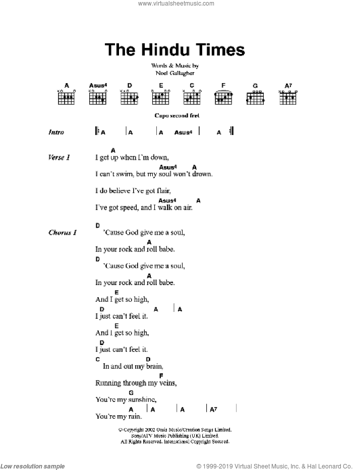 The Hindu Times sheet music for guitar (chords) by Oasis and Noel Gallagher, intermediate skill level