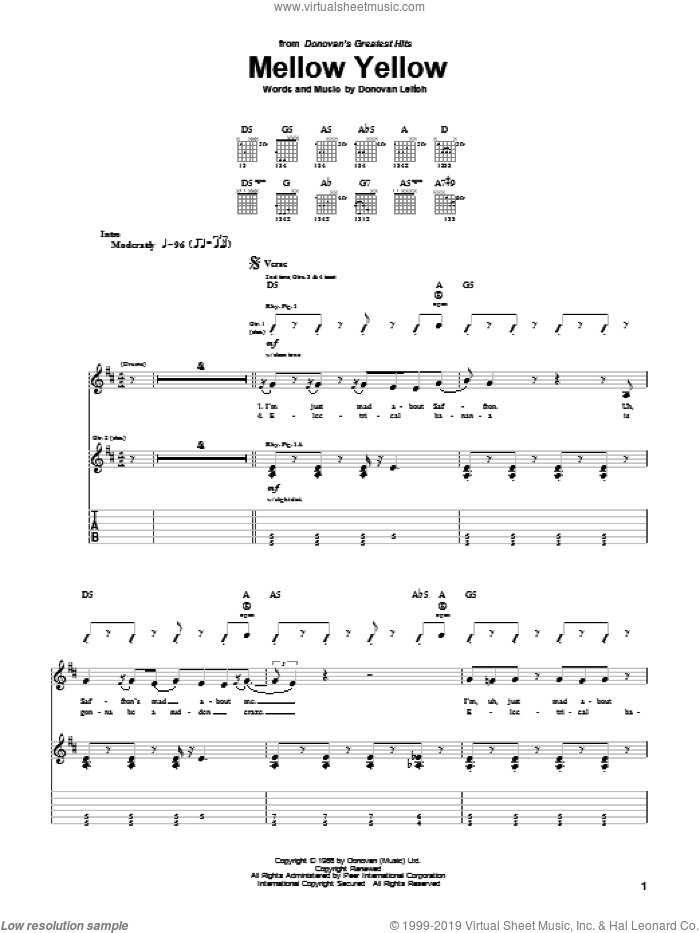 Mellow Yellow sheet music for guitar (tablature) by Walter Donovan and Donovan Leitch, intermediate skill level