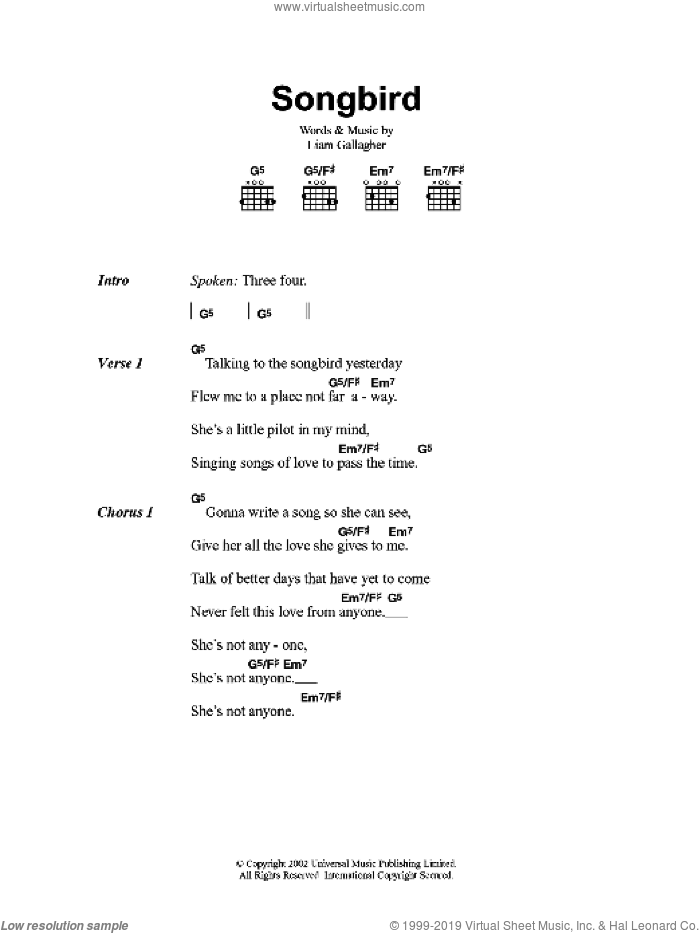 Songbird sheet music for guitar (chords) by Oasis and Liam Gallagher, intermediate skill level