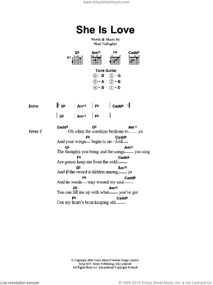 She Is Love sheet music for guitar (chords) by Oasis and Noel Gallagher, intermediate skill level