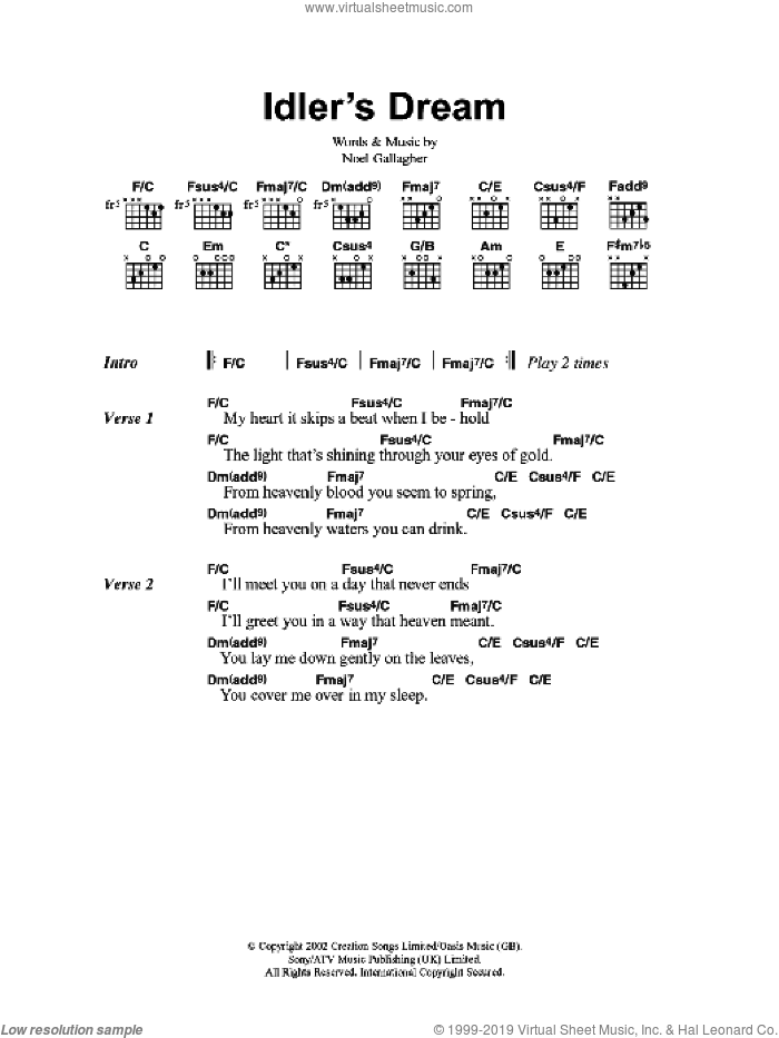 Idler's Dream sheet music for guitar (chords) by Oasis and Noel Gallagher, intermediate skill level