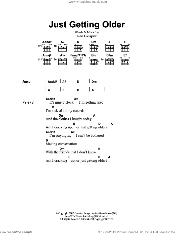 Just Getting Older sheet music for guitar (chords) by Oasis and Noel Gallagher, intermediate skill level