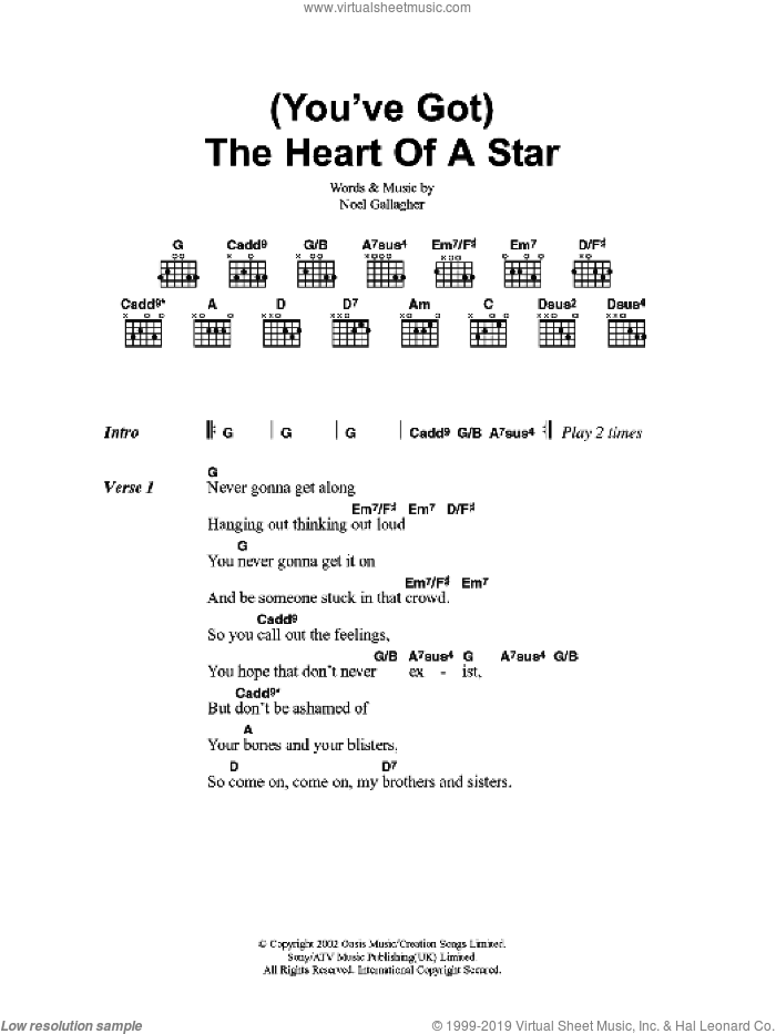 You've Got The Heart Of A Star sheet music for guitar (chords) by Oasis and Noel Gallagher, intermediate skill level
