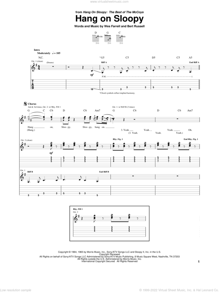 Hang On Sloopy sheet music for guitar (tablature) by The McCoys, Rick Derringer, Bert Russell and Wes Farrell, intermediate skill level