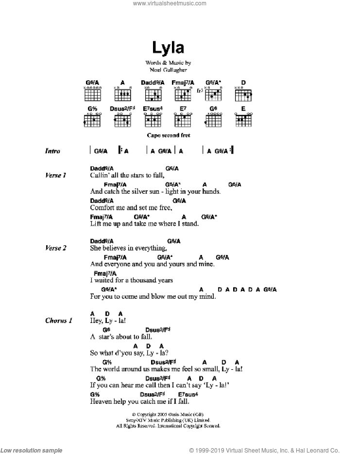 Lyla sheet music for guitar (chords) by Oasis and Noel Gallagher, intermediate skill level