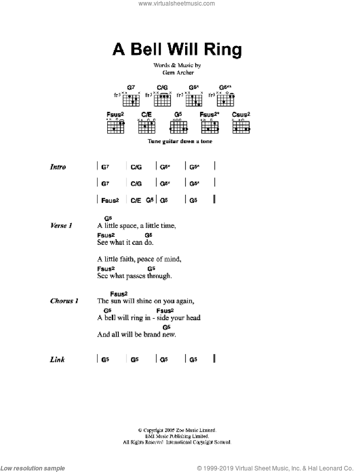 A Bell Will Ring sheet music for guitar (chords) by Oasis and Gem Archer, intermediate skill level
