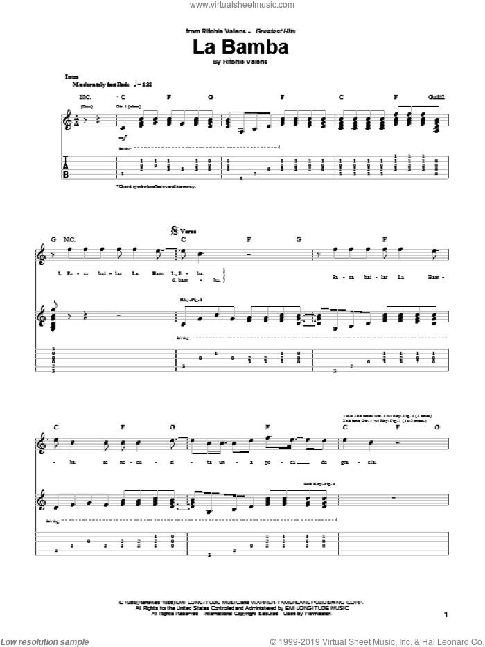 La Bamba sheet music for guitar (tablature) by Ritchie Valens and Los Lobos, intermediate skill level