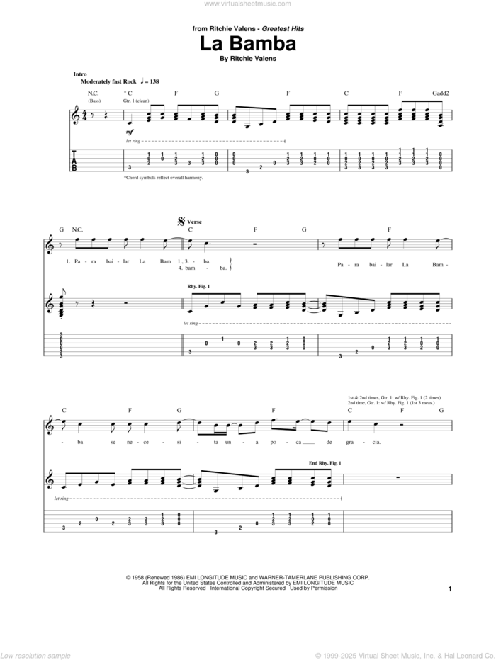 La Bamba sheet music for guitar (tablature) by Ritchie Valens and Los Lobos, intermediate skill level