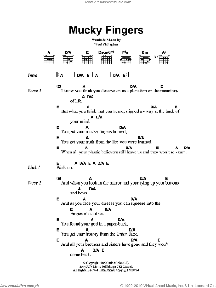 Mucky Fingers sheet music for guitar (chords) by Oasis and Noel Gallagher, intermediate skill level