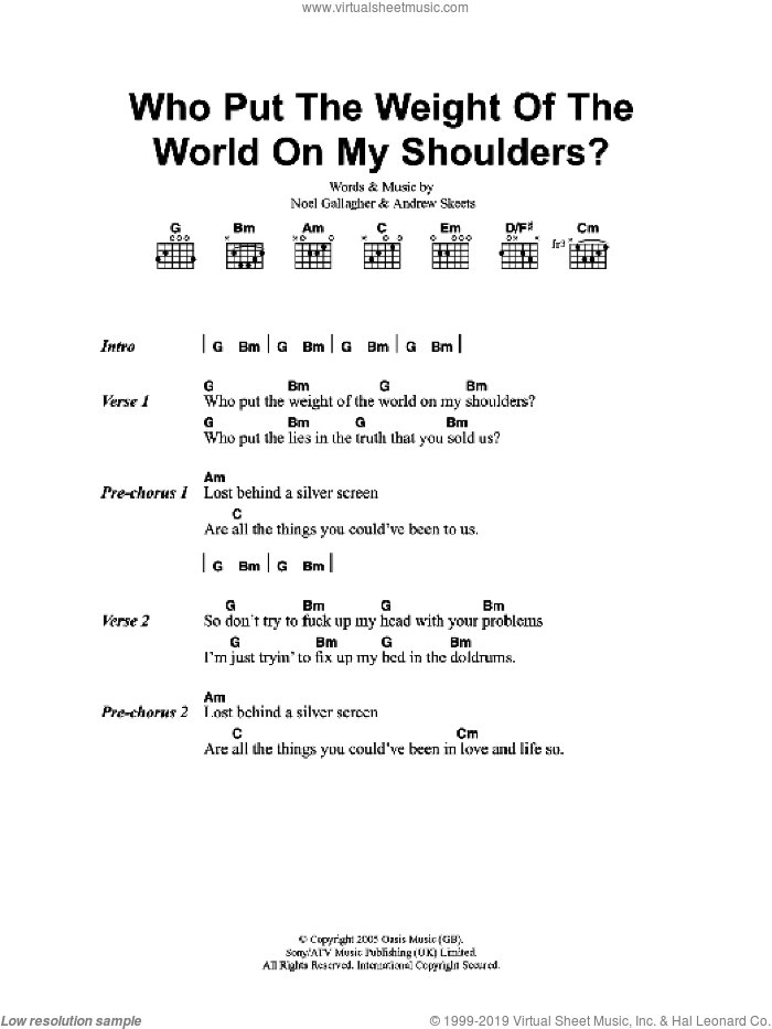 Who Put The Weight Of The World On My Shoulders? sheet music for guitar (chords) by Oasis, Andrew Skeets and Noel Gallagher, intermediate skill level