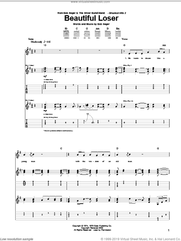 Beautiful Loser sheet music for guitar (tablature) by Bob Seger, intermediate skill level