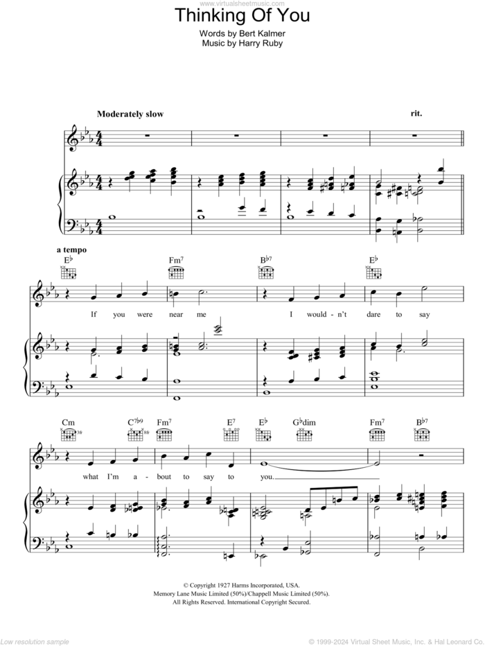 Thinking Of You sheet music for voice, piano or guitar by Harry Ruby and Bert Kalmar, intermediate skill level