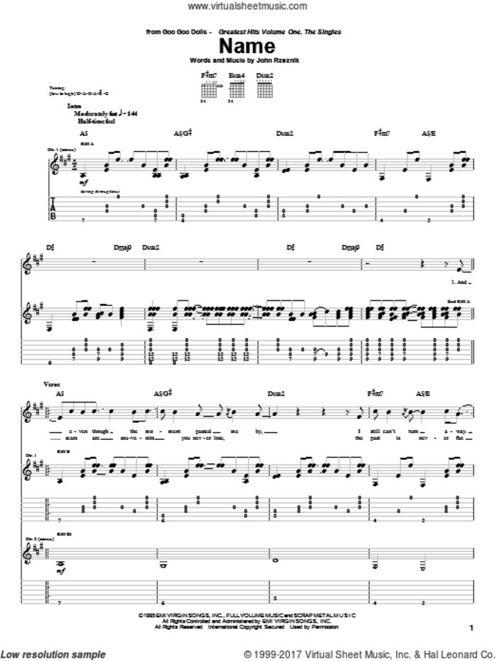 Name sheet music for guitar (tablature) by Goo Goo Dolls and John Rzeznik, intermediate skill level