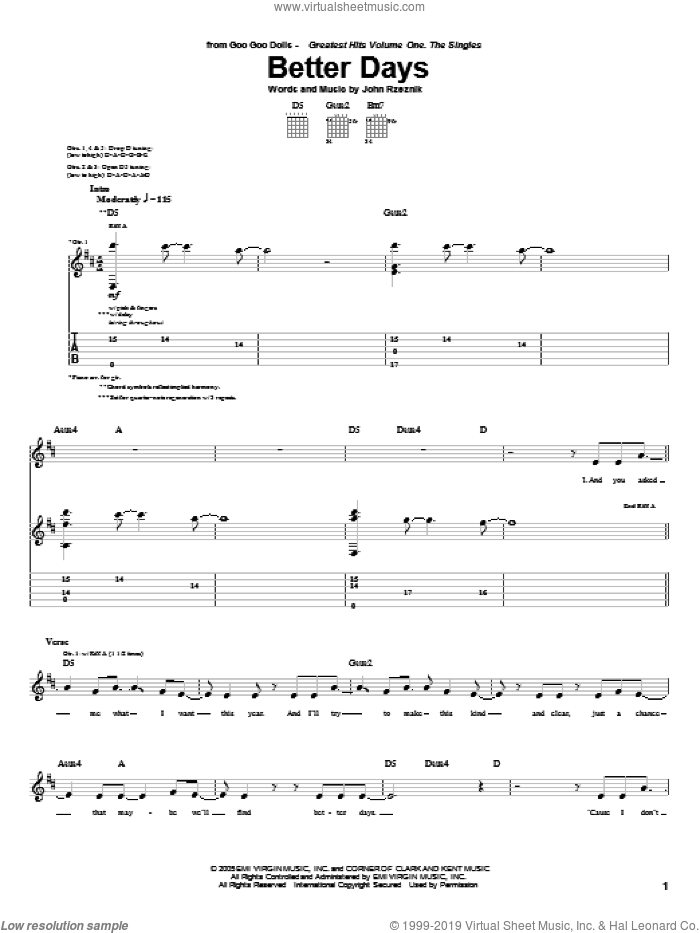 Better Days sheet music for guitar (tablature) by Goo Goo Dolls and John Rzeznik, intermediate skill level