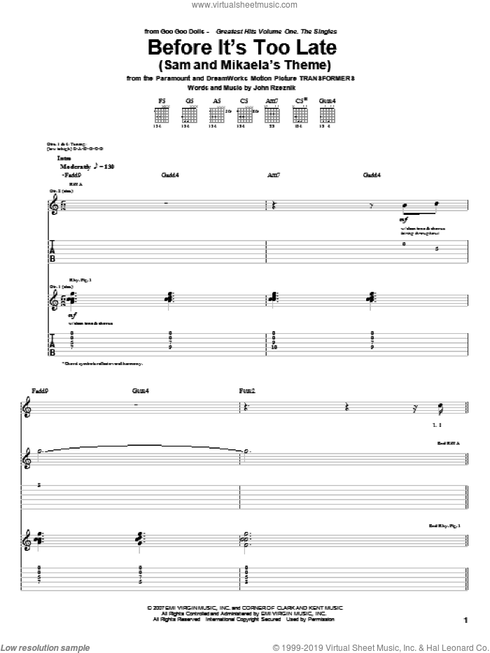 Before It's Too Late (Sam And Mikaela's Theme) sheet music for guitar (tablature) by Goo Goo Dolls and John Rzeznik, intermediate skill level