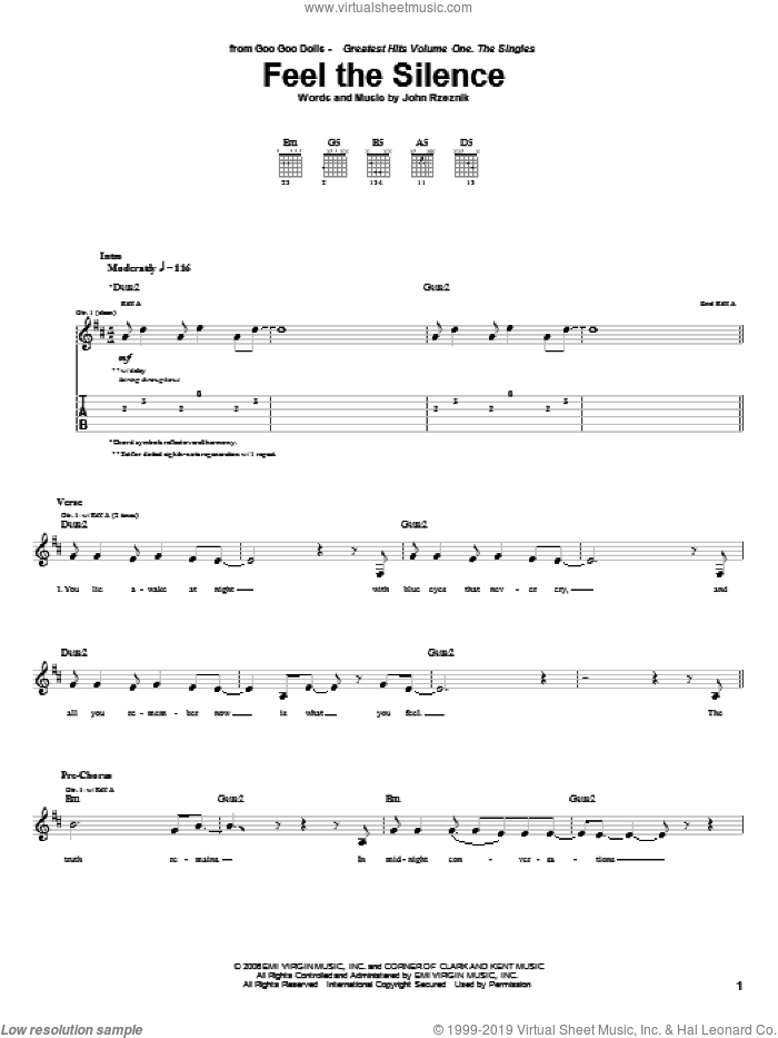 Feel The Silence sheet music for guitar (tablature) by Goo Goo Dolls and John Rzeznik, intermediate skill level
