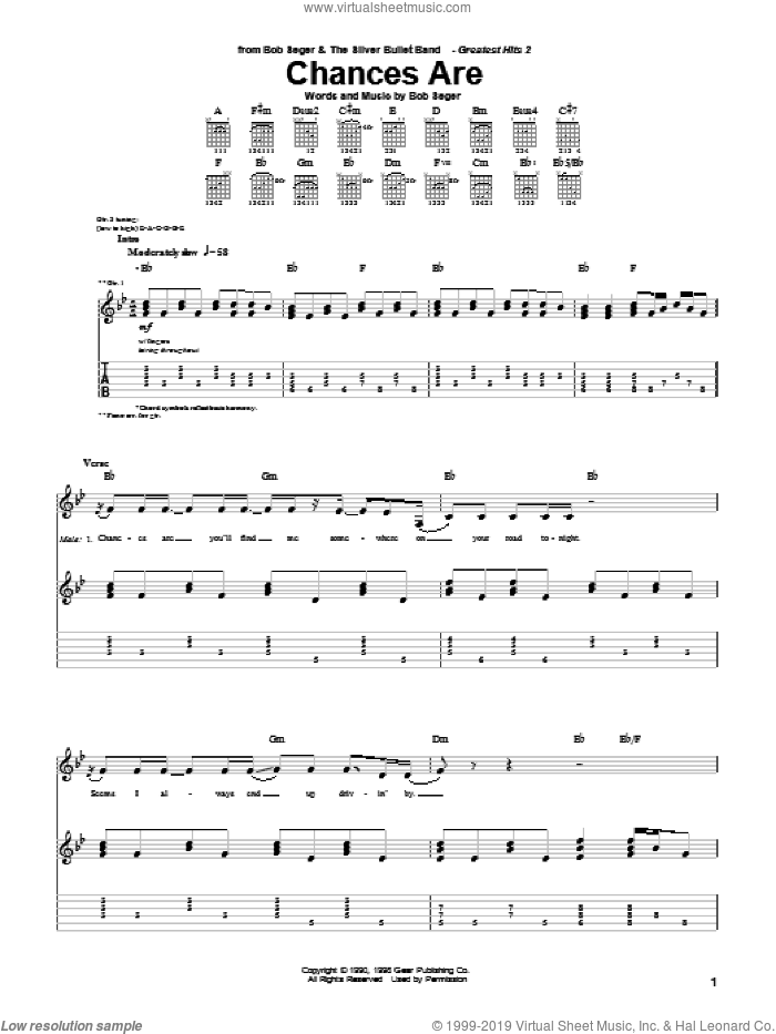 Chances Are sheet music for guitar (tablature) by Bob Seger, intermediate skill level