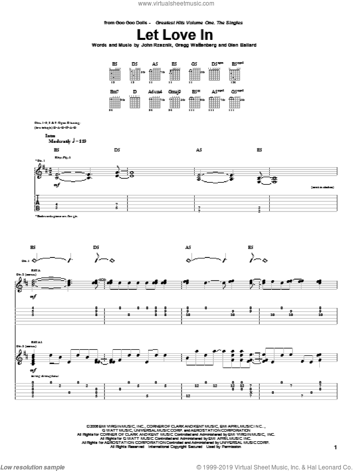 Let Love In sheet music for guitar (tablature) by Goo Goo Dolls, Glen Ballard, Gregg Wattenberg and John Rzeznik, intermediate skill level