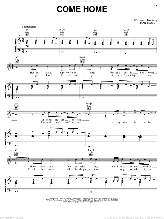 Come Home sheet music for voice, piano or guitar by OneRepublic and Ryan Tedder, intermediate skill level