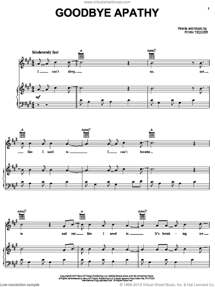 Goodbye Apathy sheet music for voice, piano or guitar by OneRepublic and Ryan Tedder, intermediate skill level
