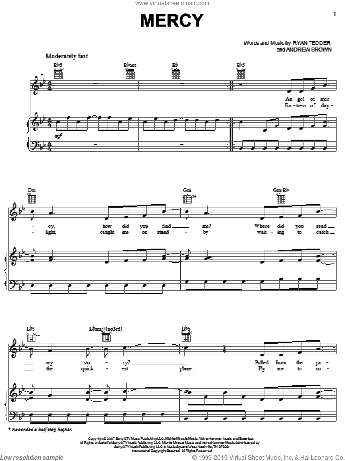Mercy sheet music for voice, piano or guitar by OneRepublic, Andrew Brown and Ryan Tedder, intermediate skill level