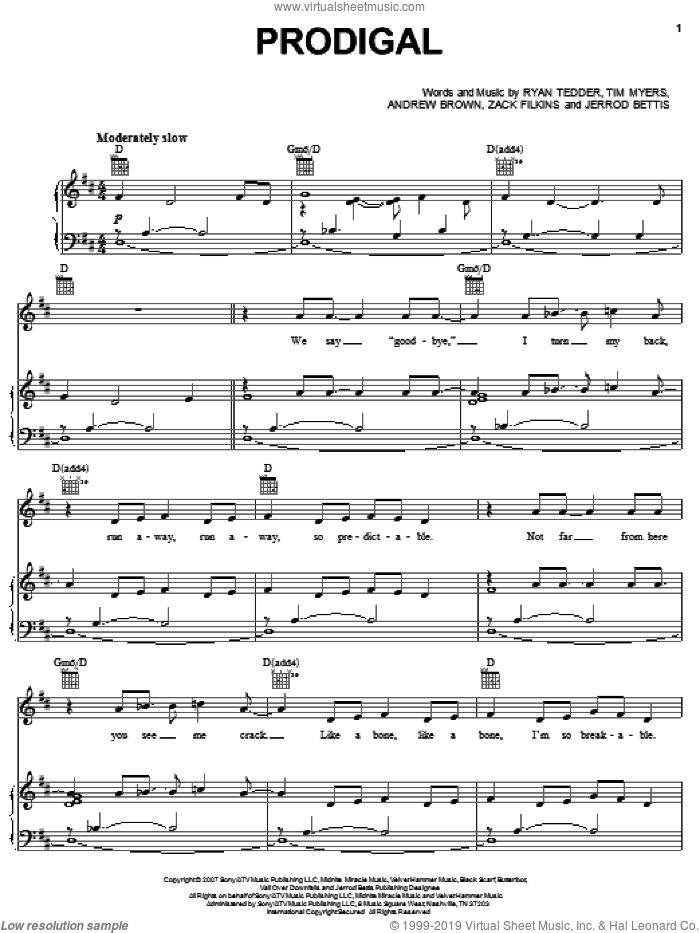 Prodigal sheet music for voice, piano or guitar by OneRepublic, Andrew Brown, Jerrod Bettis, Ryan Tedder, Tim Myers and Zack Filkins, intermediate skill level